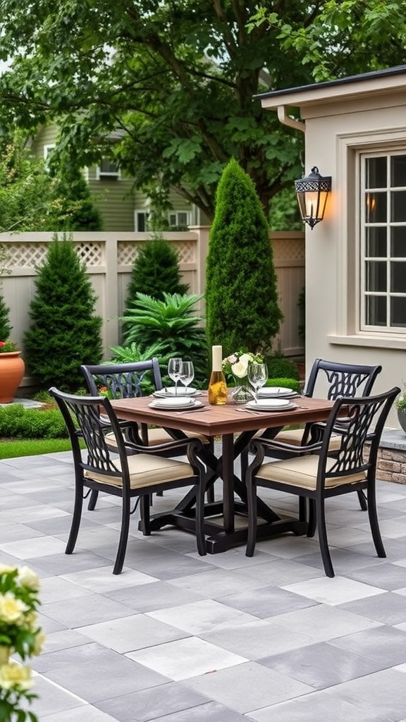 An outdoor dining area featuring a wooden table with stylish chairs on a 12x12 paver patio surrounded by greenery.