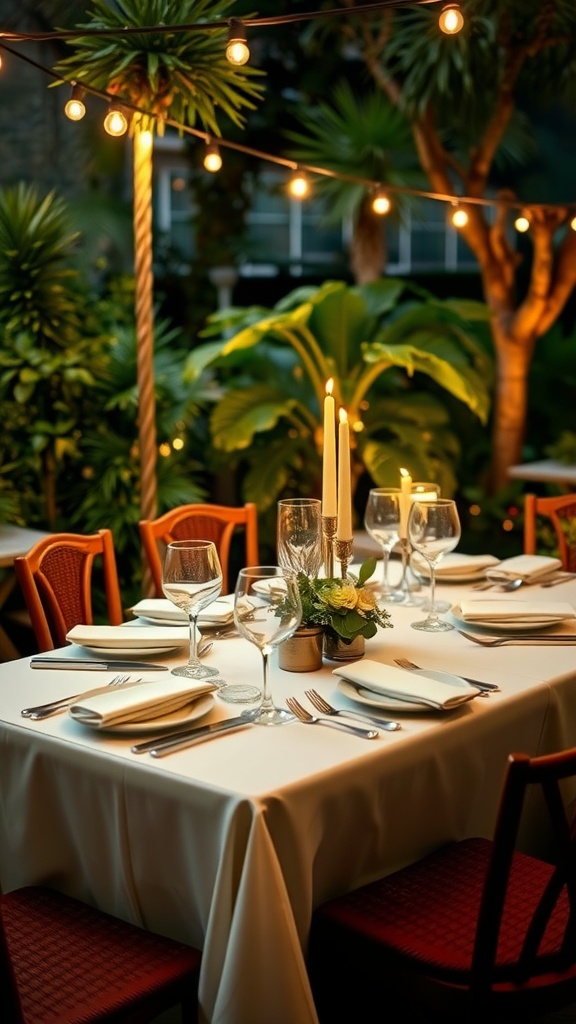 An elegantly set outdoor dining table surrounded by greenery and decorative lighting.