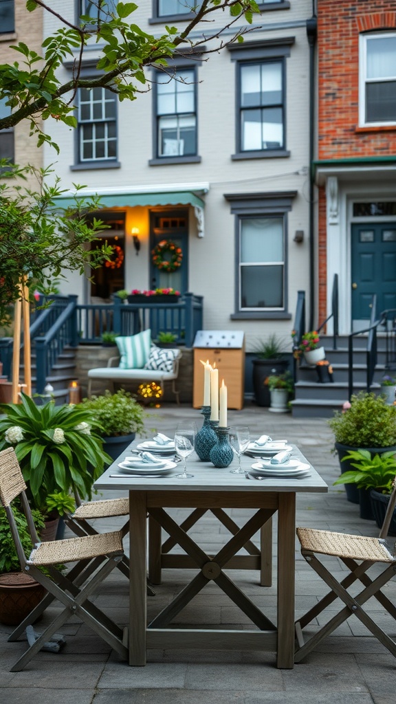 A cozy outdoor dining area in a townhouse backyard with a wooden table, teal accents, and flickering candles surrounded by greenery.