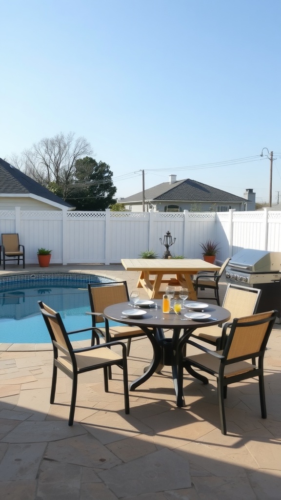 A sunny outdoor dining area with a table and chairs near a pool.