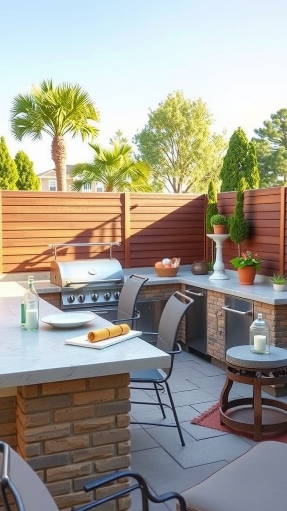 Outdoor kitchen with grill and seating area in a backyard patio.