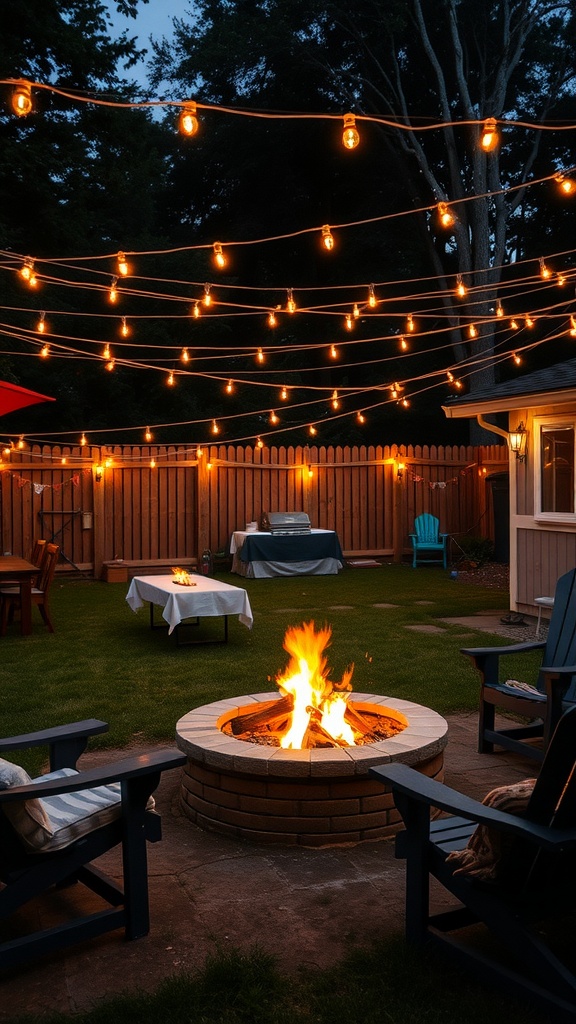 A cozy outdoor gathering with LED string lights overhead and a fire pit in a backyard setting.