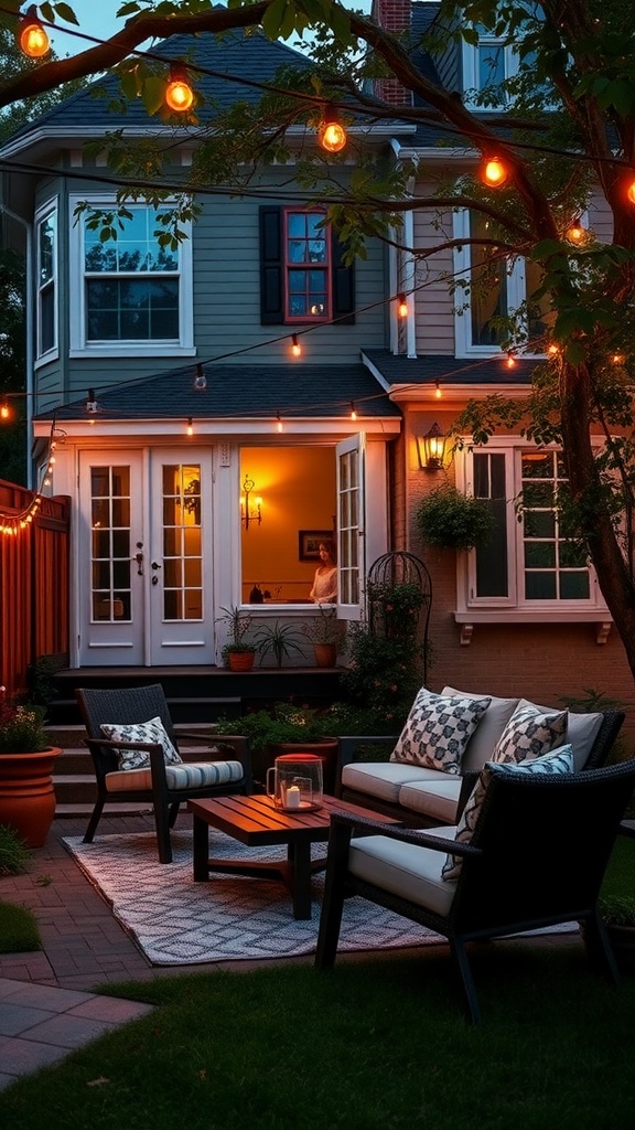 A cozy townhouse backyard with string lights illuminating a seating area