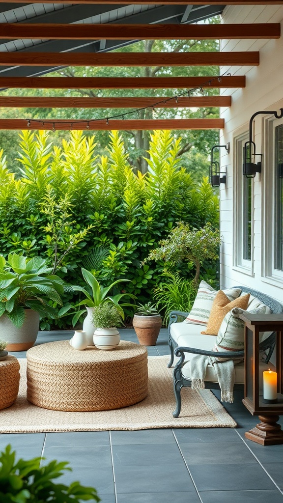 A cozy outdoor living room featuring comfortable seating, a woven coffee table, lush greenery, and decorative plants.