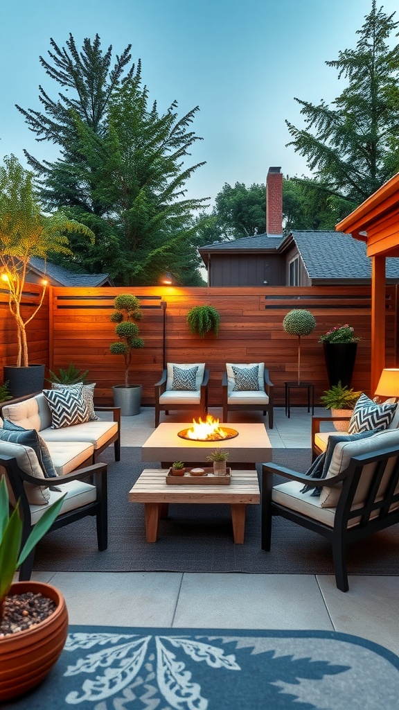 Cozy outdoor living space with comfortable seating and a fire pit