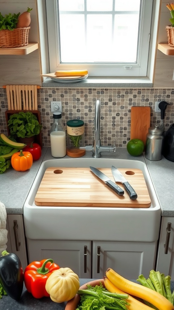 A kitchen counter with an over-the-sink cutting board, featuring fresh vegetables and kitchen tools.