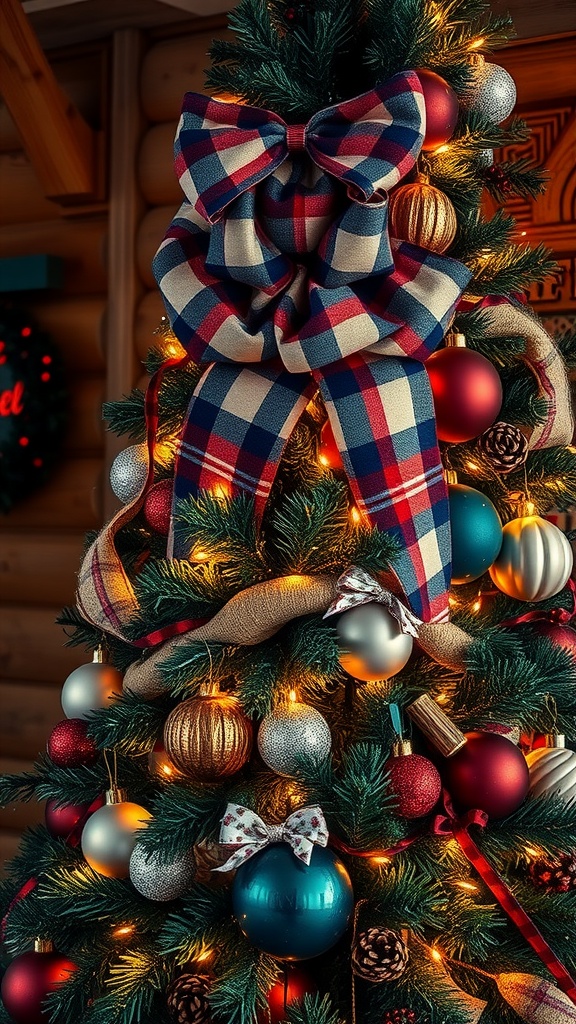 A cozy Christmas tree adorned with an oversized plaid bow, colorful ornaments, and warm lights in a cabin setting.