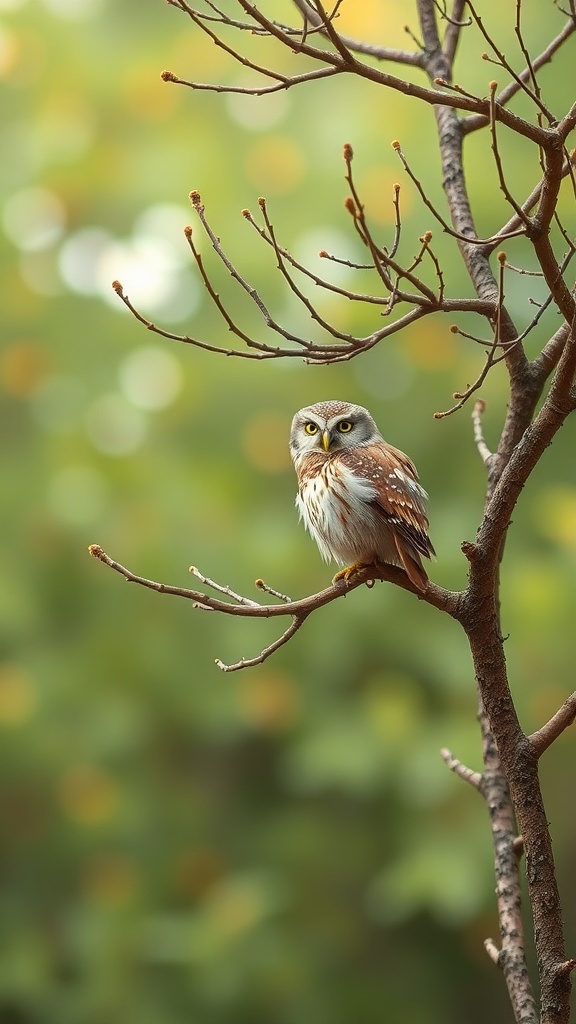 An owl perched on a branch with a soft-focus background of green and subtle autumn colors.