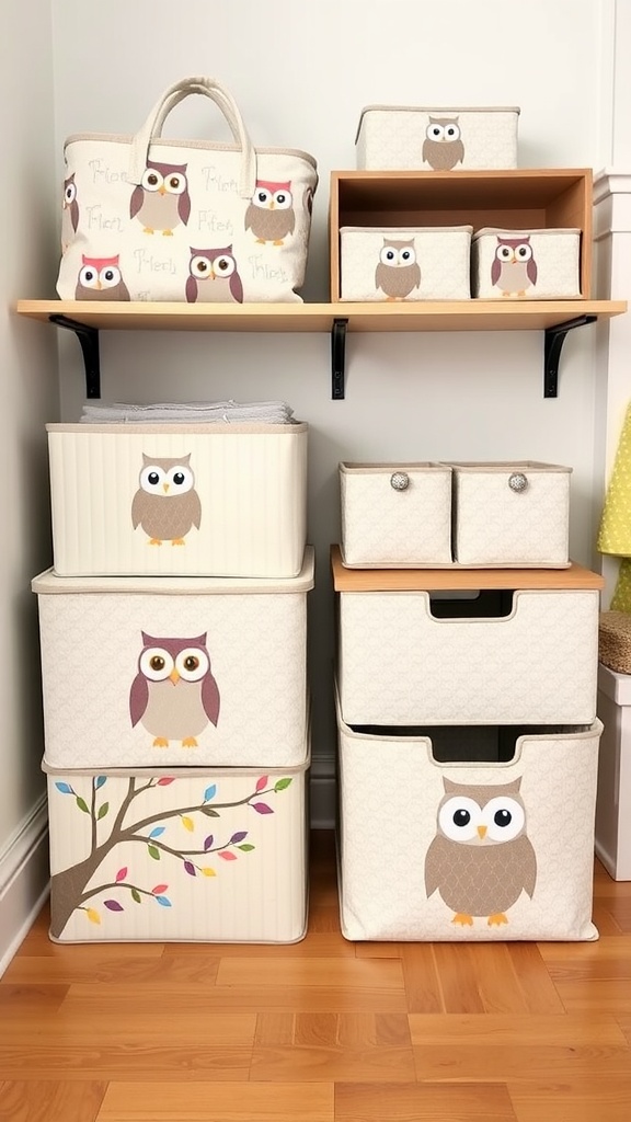 Owl-themed storage bins and bags in a nursery setting