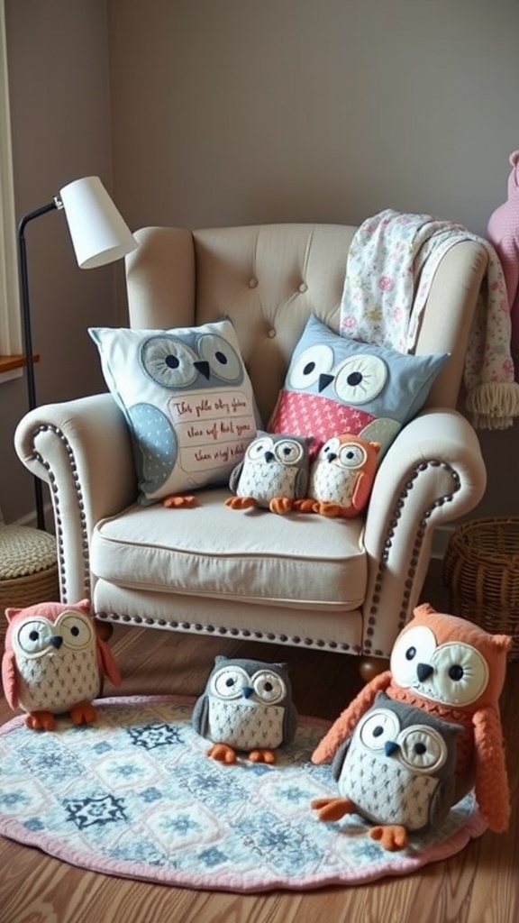 A cozy nursery corner featuring owl accent pillows and plush toys around a comfy chair