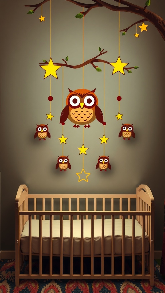 An owl mobile hanging above a crib with colorful owls and stars.