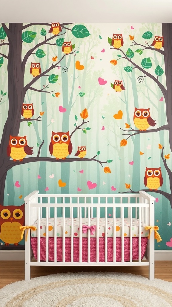 Owl-themed nursery mural with colorful owls on branches and a crib in front