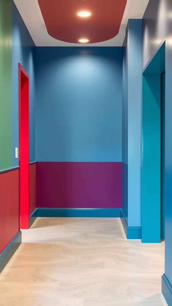 A colorful hallway with painted accent wall panels in blue, maroon, and red.