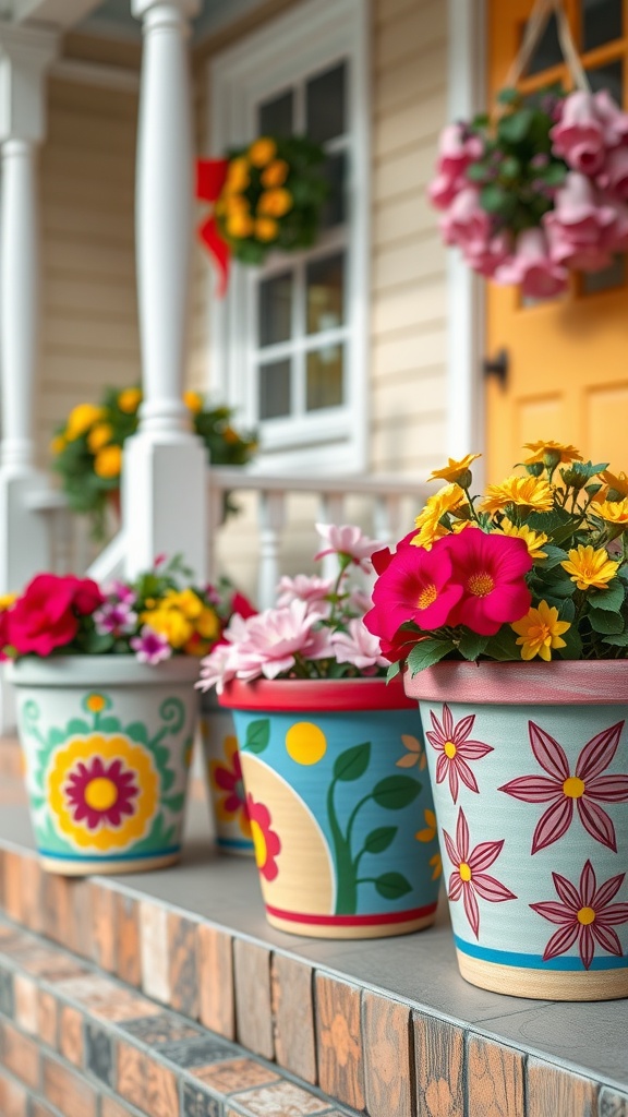 Colorful painted flower pots with vibrant flowers displayed on a porch