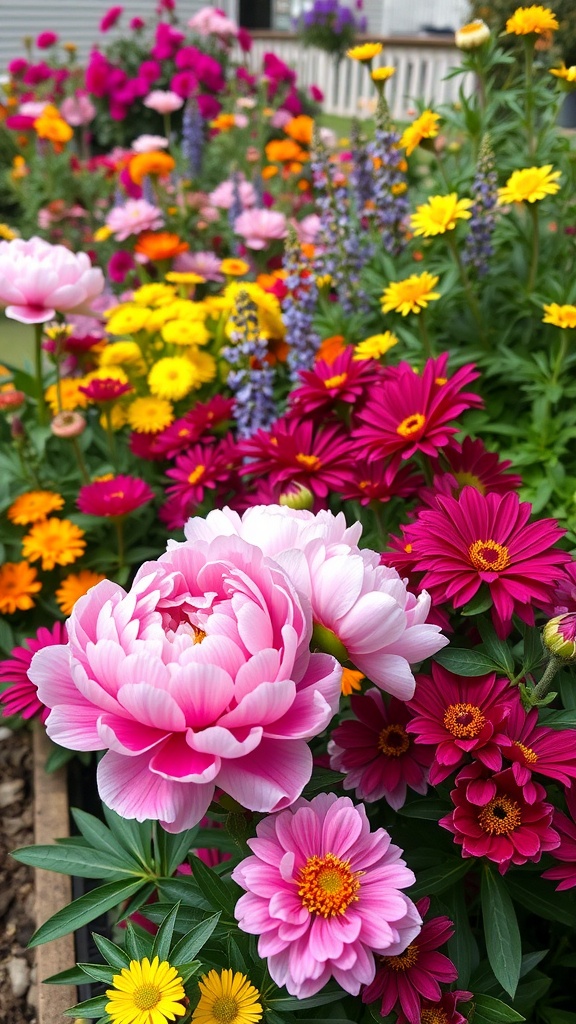 Colorful garden featuring peonies and various perennials.