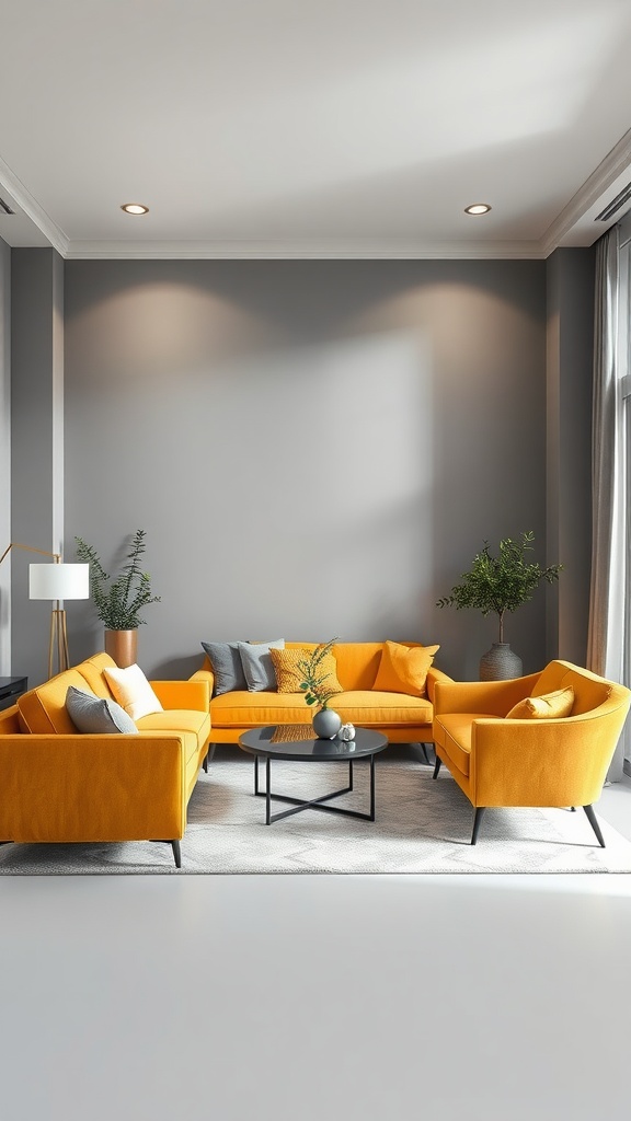 A modern living room featuring a yellow sectional sofa paired with cool gray walls.