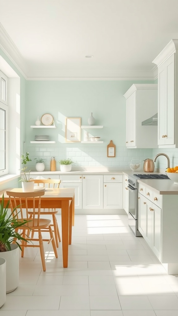 A bright kitchen featuring pale mint green walls, white cabinets, and wooden furniture.