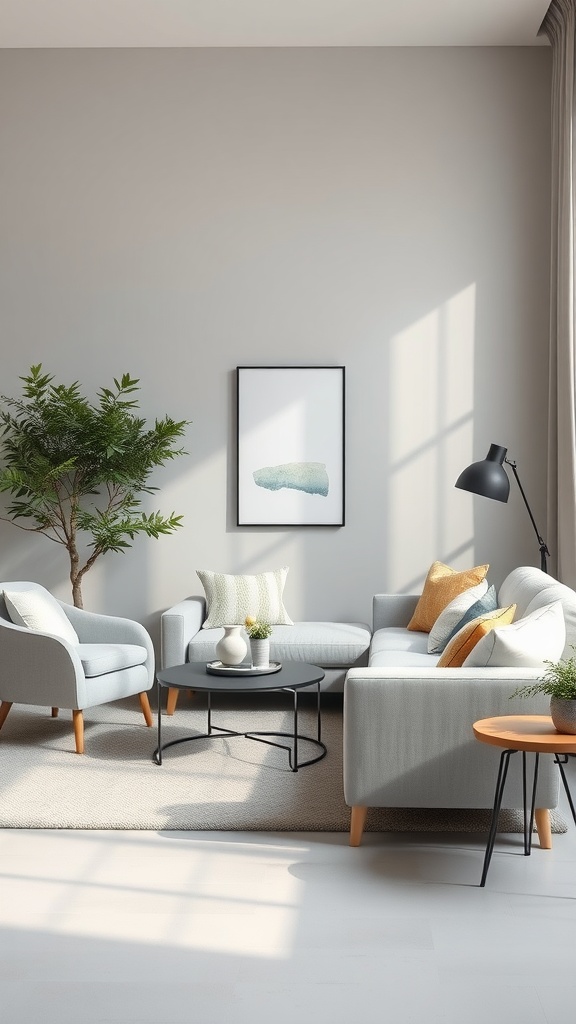 A modern living room with pastel gray walls, a gray sofa, colorful throw pillows, and a plant, creating a chic atmosphere.