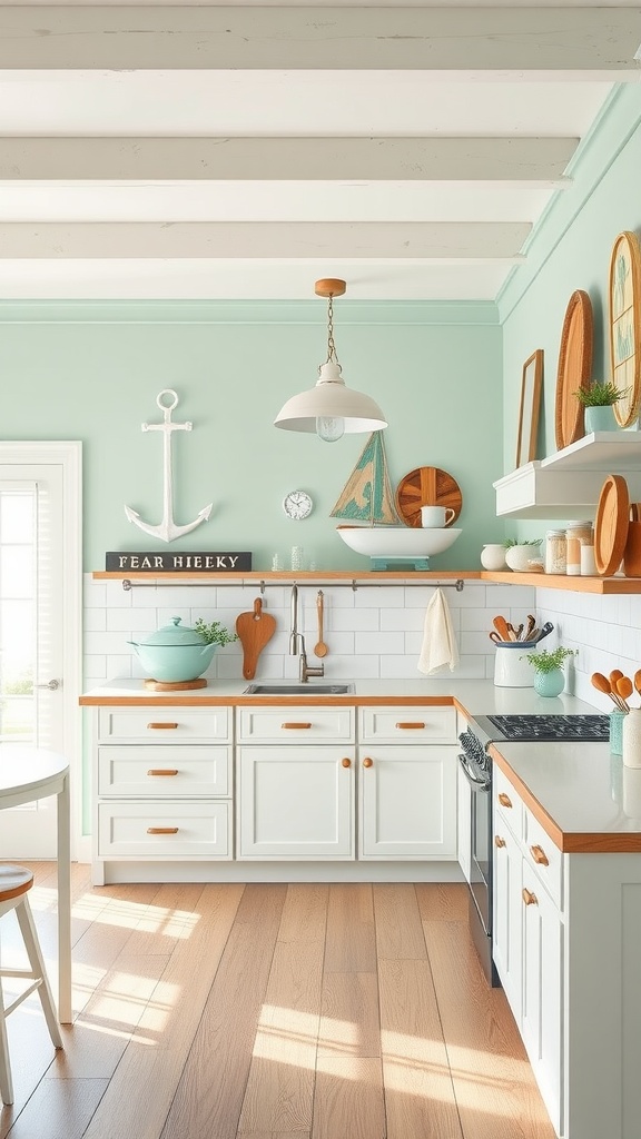 A coastal-inspired kitchen featuring pastel seafoam green walls, white cabinetry, and nautical decor.