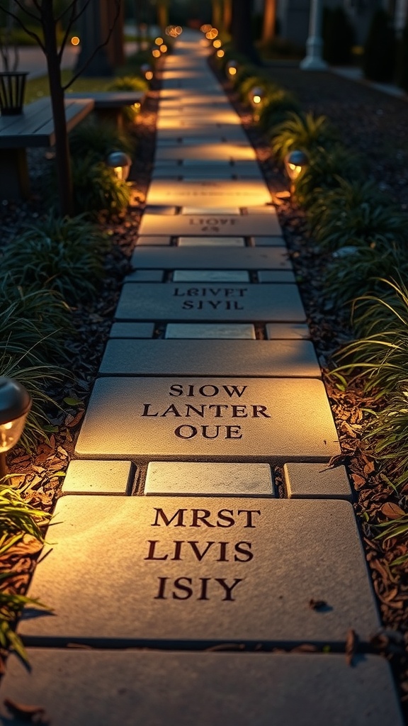 Engraved stones illuminating a pathway with soft lighting and surrounding greenery