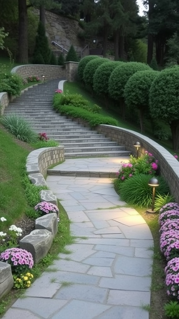 A winding pathway with steps on a steep hill, surrounded by greenery and flowers, illuminated by soft lighting.