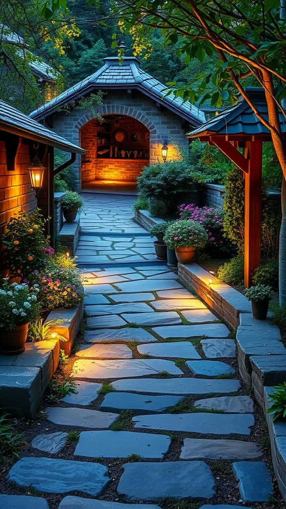 A beautifully lit stone pathway surrounded by flowers and greenery, leading to a cozy entrance.