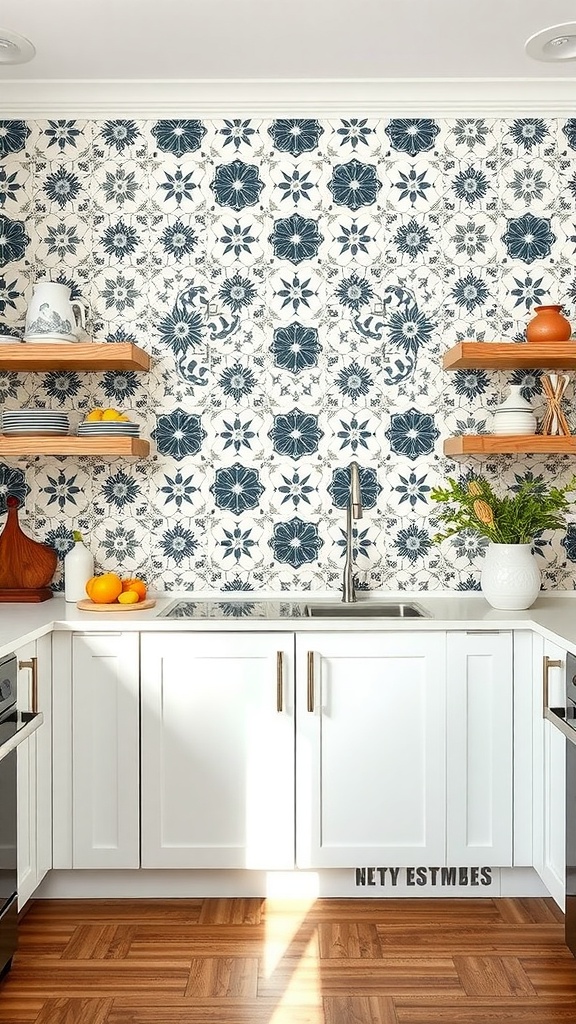 Farmhouse kitchen with patterned cement tile backsplash and open shelving