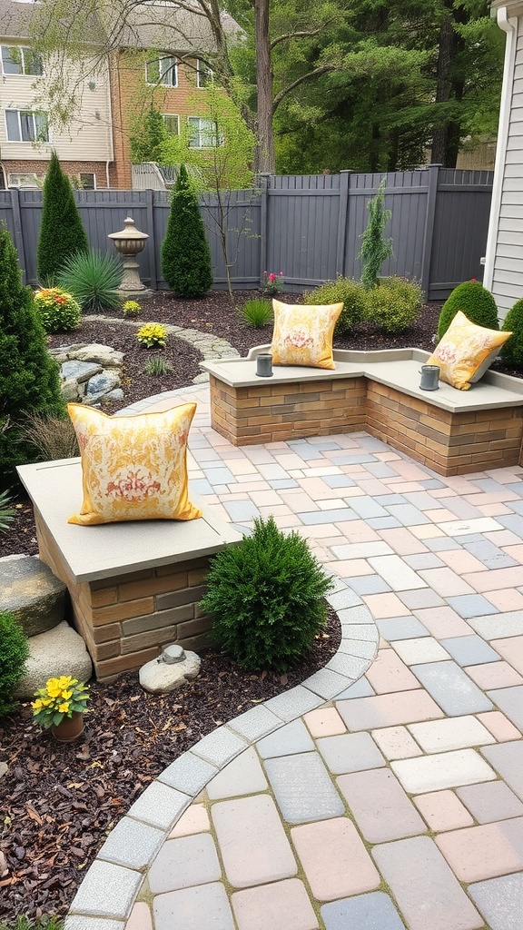 A cozy paver patio with built-in seating and decorative pillows.