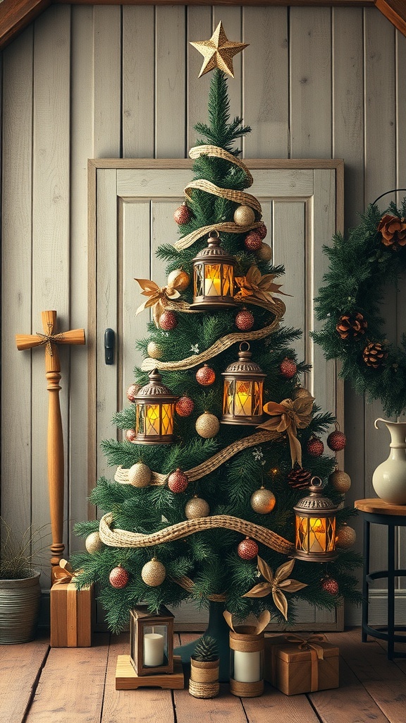 A decorated pencil Christmas tree featuring lanterns, ornaments, and mistletoe.