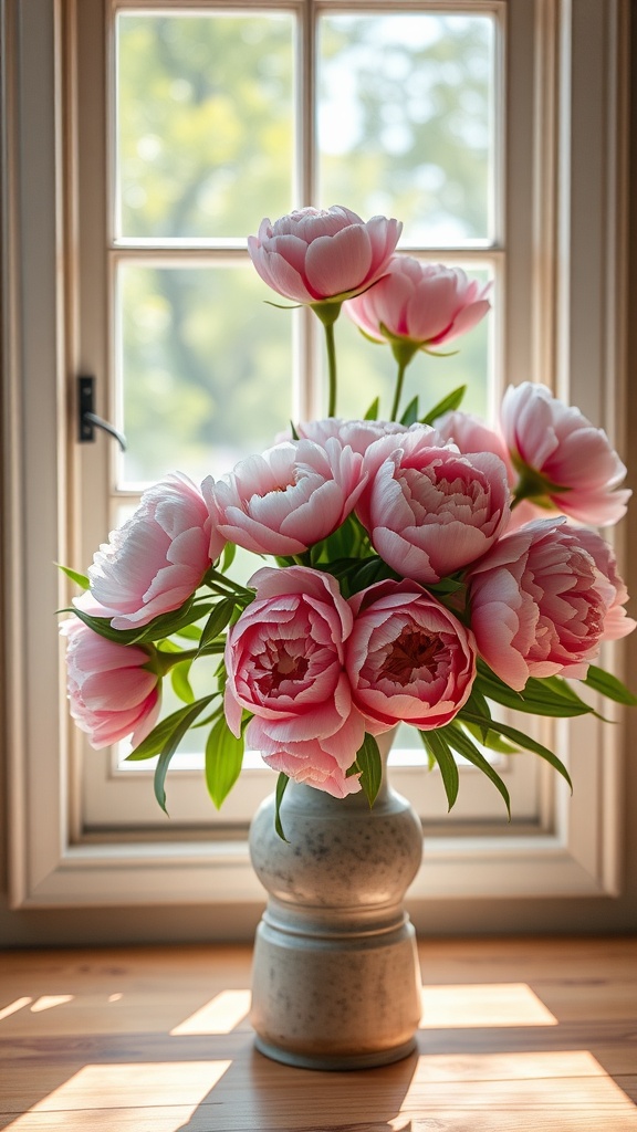 A bouquet of peonies in a vase near a window