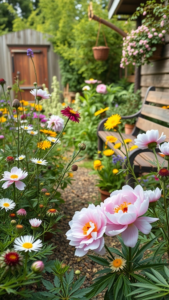 A rustic garden filled with colorful peonies and other flowers.