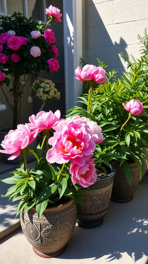 Peonies in stylish containers enhancing a garden space.