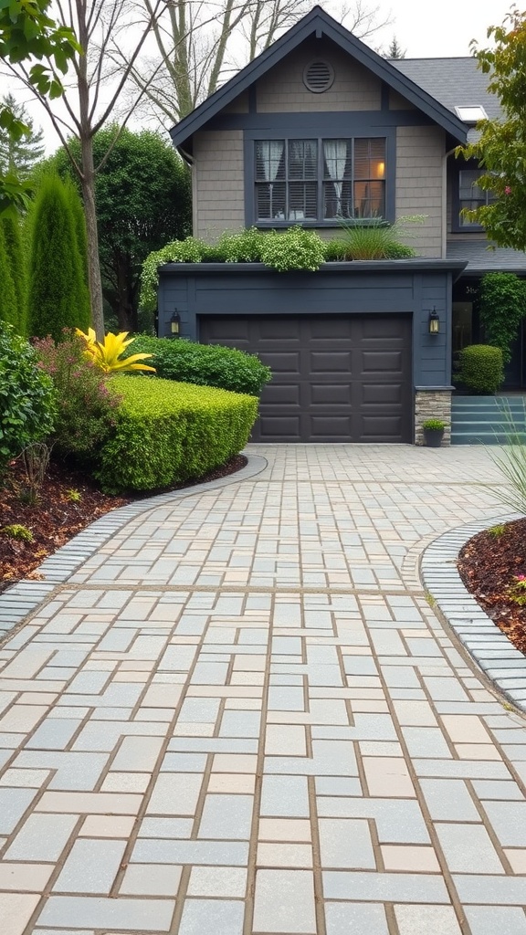 A well-designed driveway made with permeable pavers, leading to a garage, surrounded by green shrubs and plants.