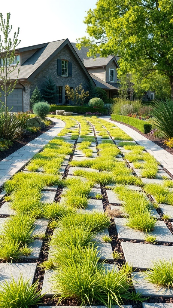 A stylish permeable paver driveway with grass and stone slabs, showcasing eco-friendly drainage