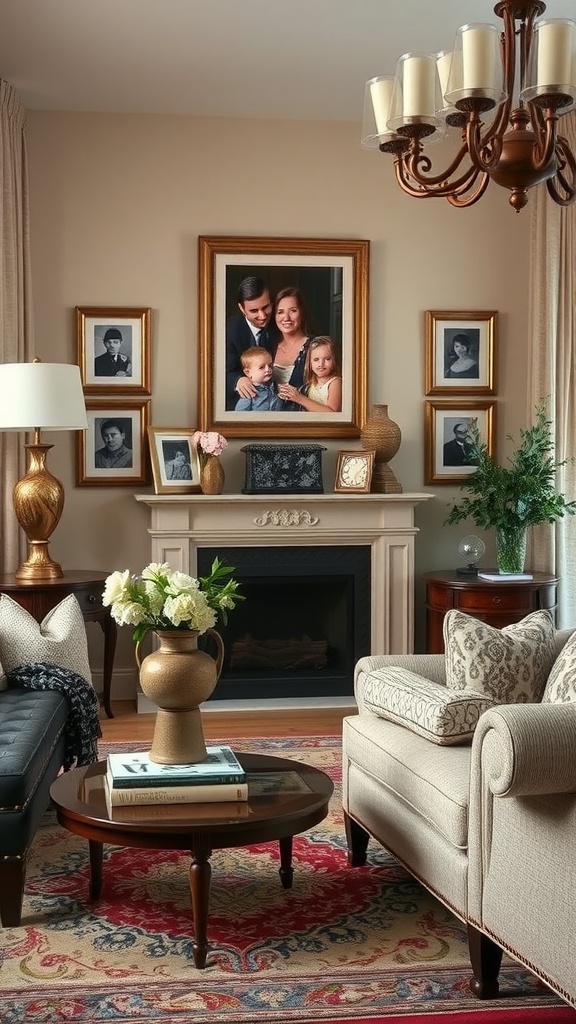 A formal living room featuring a family portrait and vintage photos on the wall, elegant furniture, and decorative flowers.