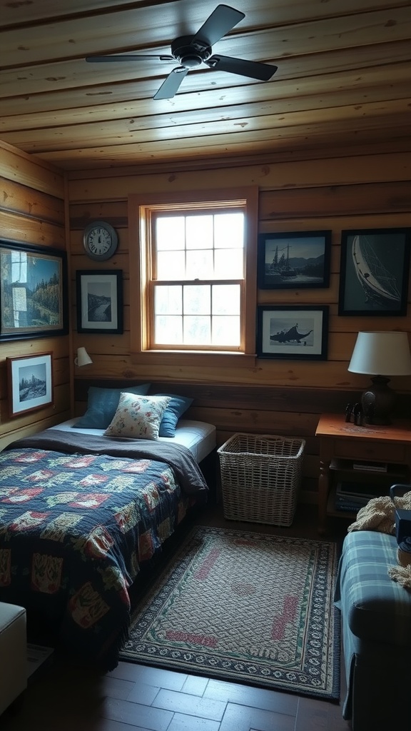 A cozy cabin bedroom with wooden walls, a bed covered with a colorful quilt, and framed artwork on the walls.