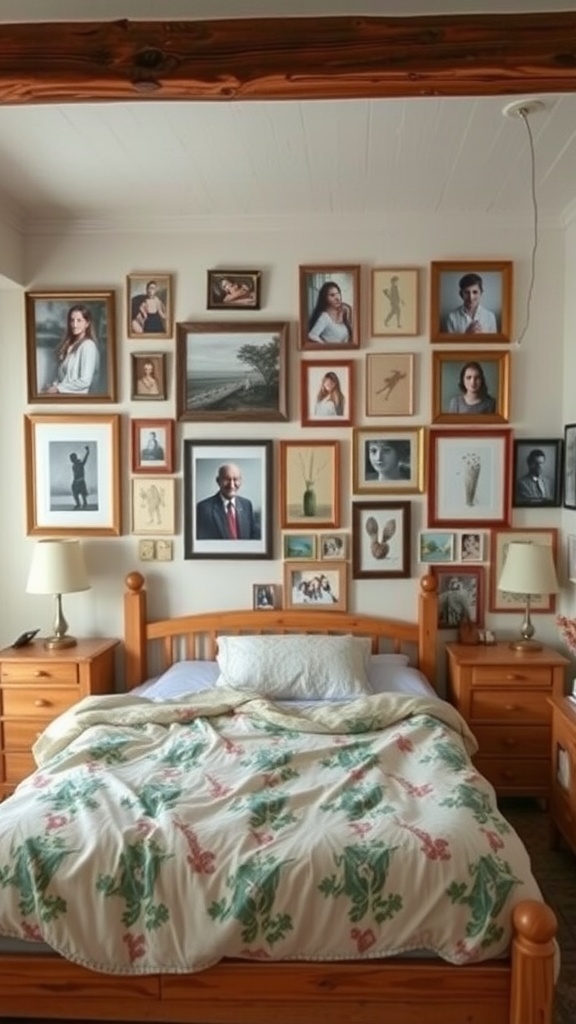 A rustic bedroom featuring a gallery wall of framed artworks and photographs above a wooden bed.