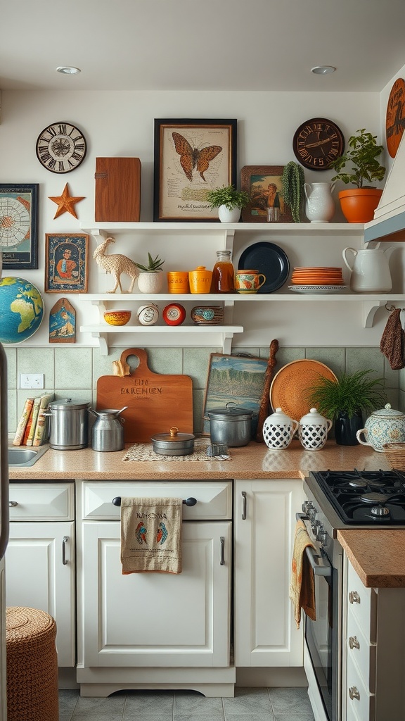 An eclectic kitchen with travel-inspired decor, featuring various cultural artifacts, vibrant dishware, and unique artworks.