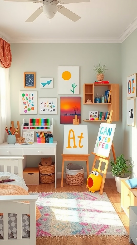 A bright and colorful girls' bedroom featuring a personalized art area with artwork on walls, colorful supplies on a desk, and a cozy rug.