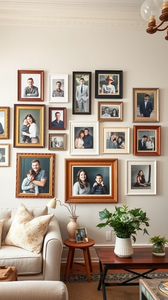 A shabby chic living room with a gallery wall of framed family photos and art.