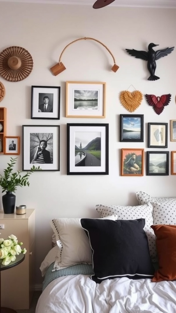 A cozy bedroom featuring a wall with a mix of personalized artwork and decor, including framed photos and artistic pieces, alongside a neatly made bed.