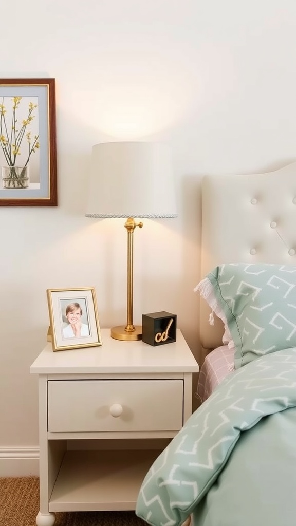 A cozy bedside table with a lamp, photo frame, and decorative items, alongside soft bedding.