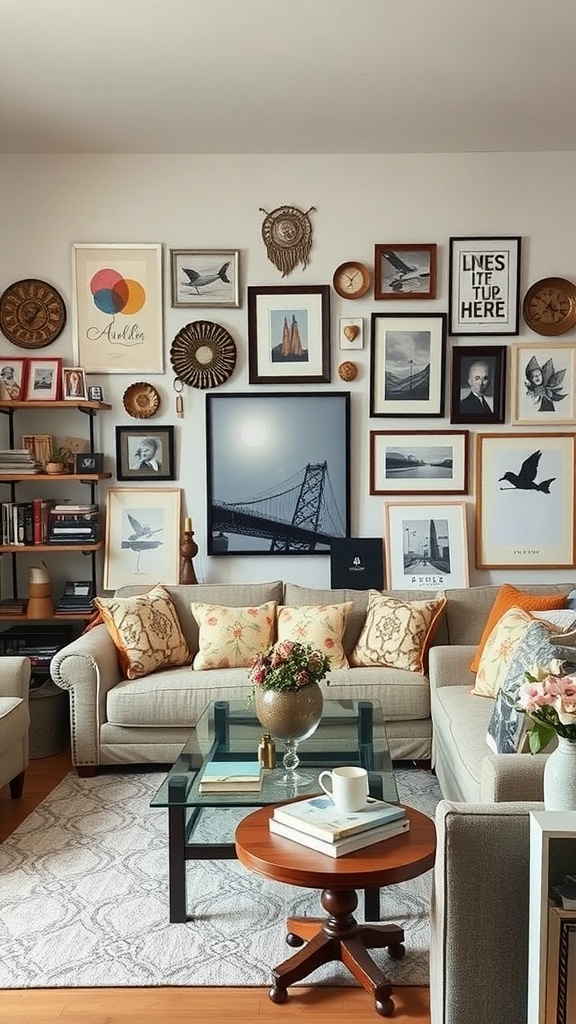 A cozy living room with a gallery wall filled with various framed artworks, comfortable sofas with decorative pillows, and a stylish coffee table.