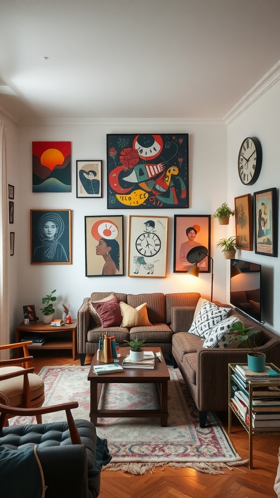 A small living room with various wall art pieces, including colorful paintings and framed portraits, creating a cozy and personalized atmosphere.