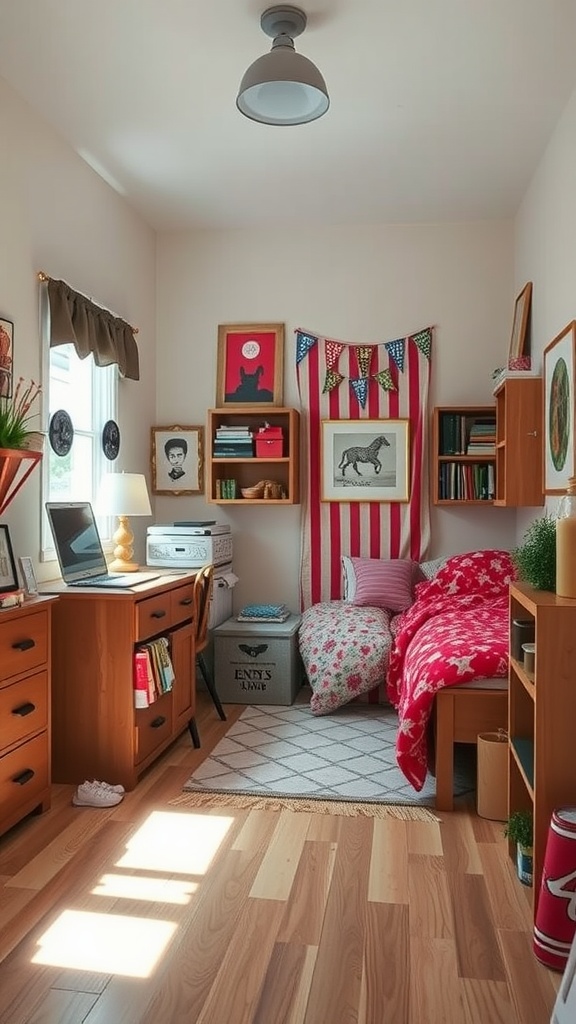 A cozy small bedroom shared by two sisters with personalized decor zones, featuring colorful bedding, wooden furniture, and a study area.