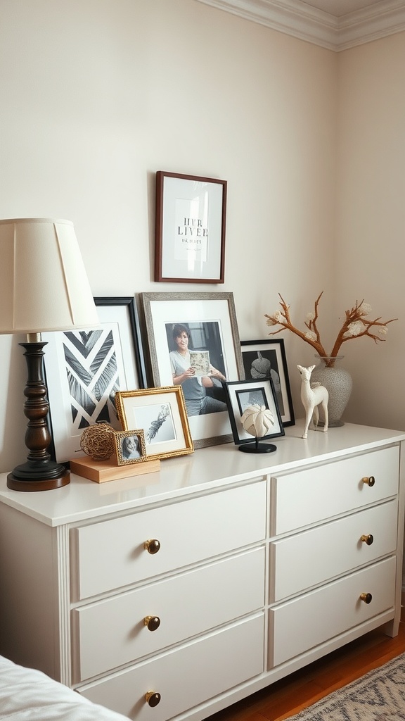 Stylish dresser with decorative accents including framed photos, a lamp, and unique objects.