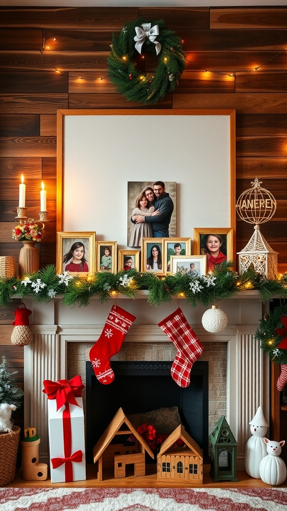 A beautifully decorated mantel with family photos, stockings, and festive decorations.