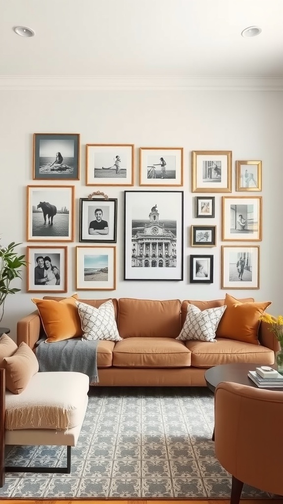 A cozy living room featuring a personalized gallery wall with various framed black and white photographs above a warm-colored couch.