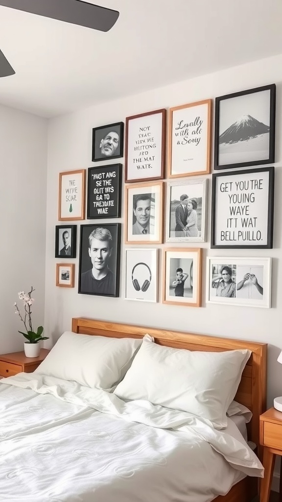 A cozy bedroom featuring a gallery wall with a mix of framed photographs and quotes.