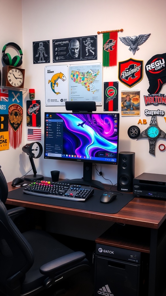 A personalized gaming workstation featuring a colorful wall with various posters, a large monitor, a mechanical keyboard, speakers, and a comfortable chair.